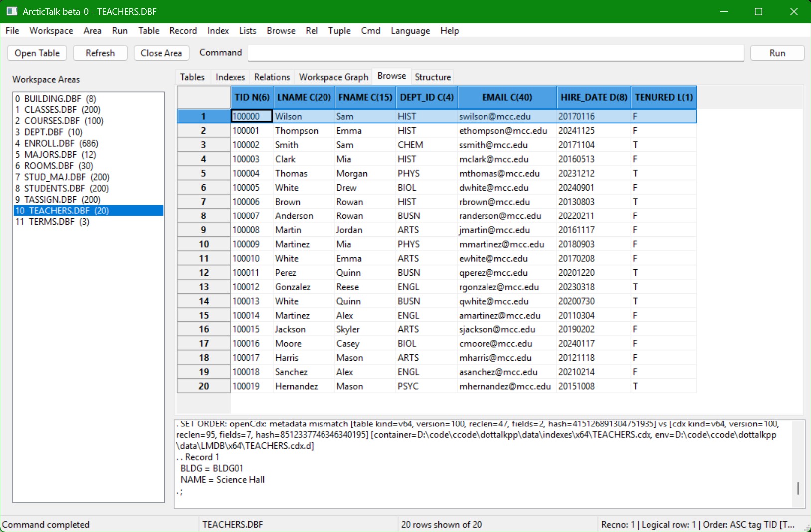 ArcticTalk TEACHERS.DBF browse grid with CDX/LMDB order status