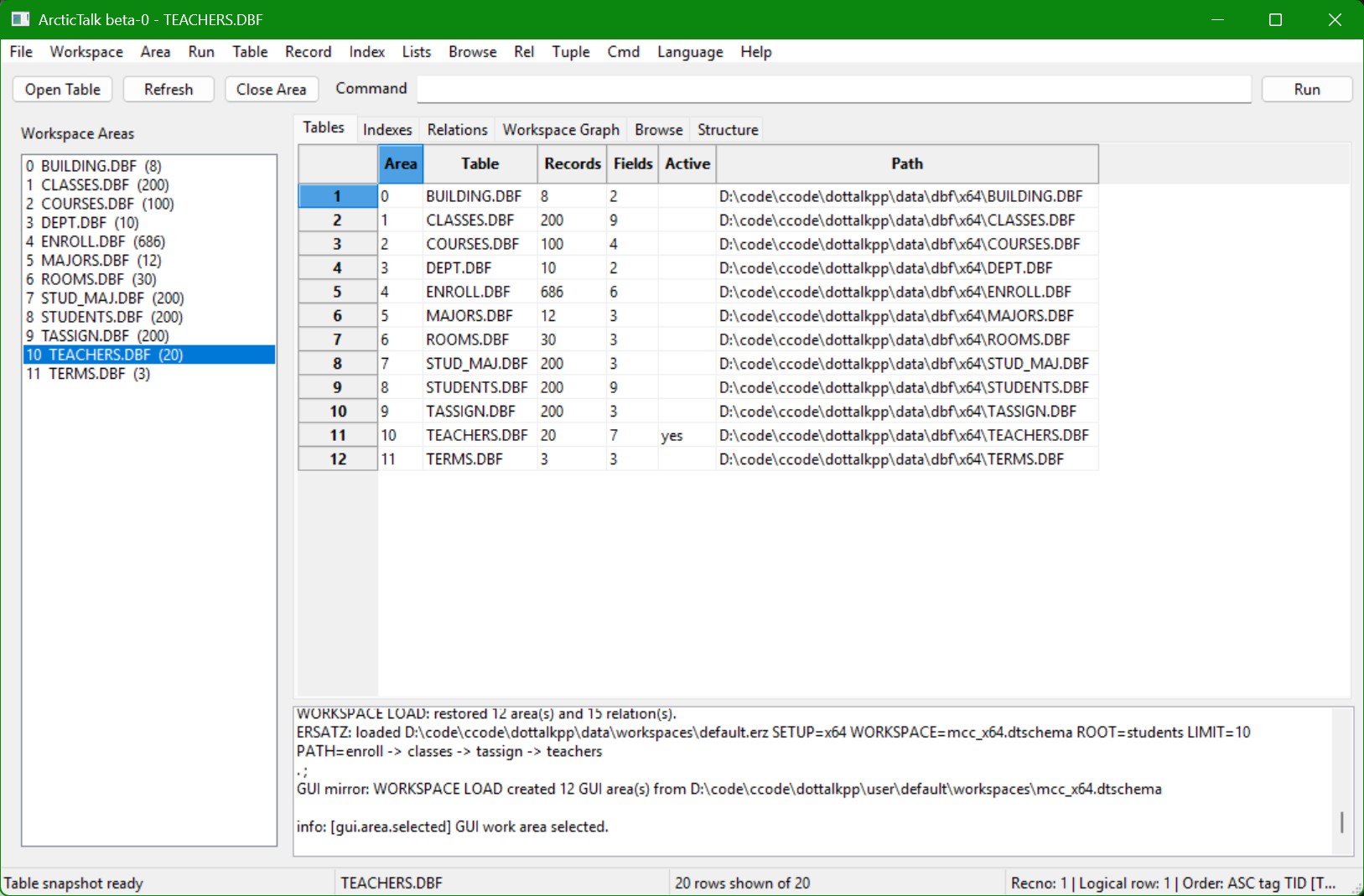 ArcticTalk workspace areas showing 12 loaded DBF areas and active TEACHERS.DBF