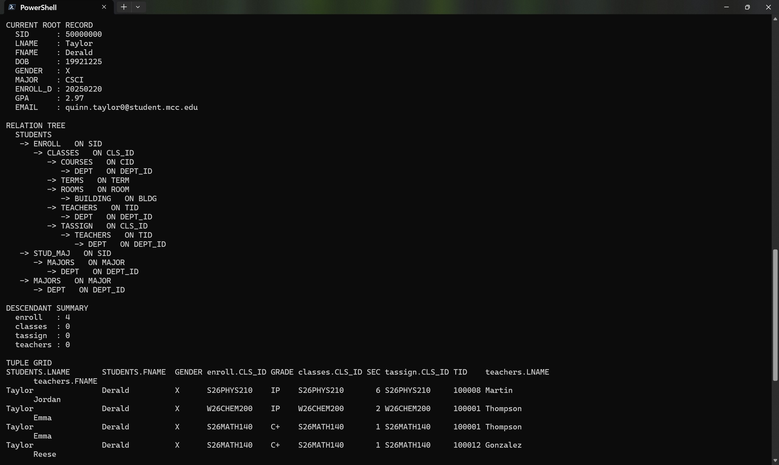 DotTalk++ CLI relation tree and tuple grid showing current root record, descendant summary, and joined tuple rows