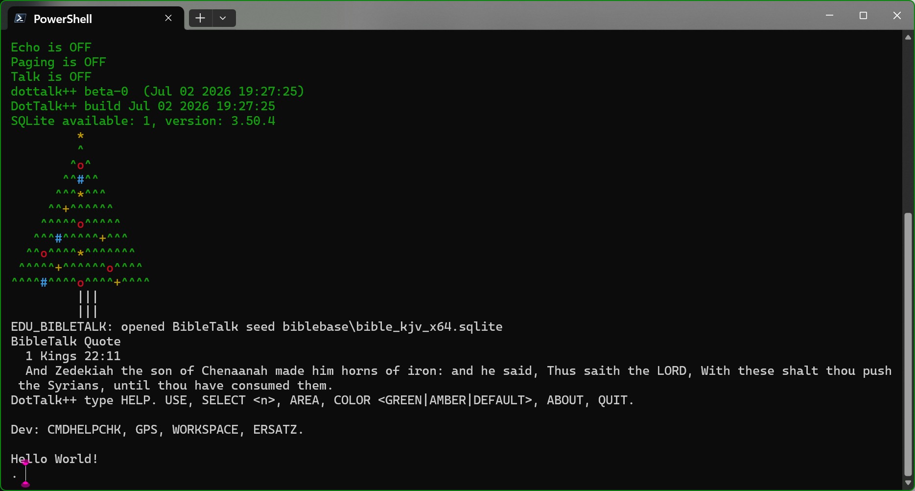 DotTalk++ CLI startup showing build, SQLite availability, EDU_BIBLETALK, and command prompt hints