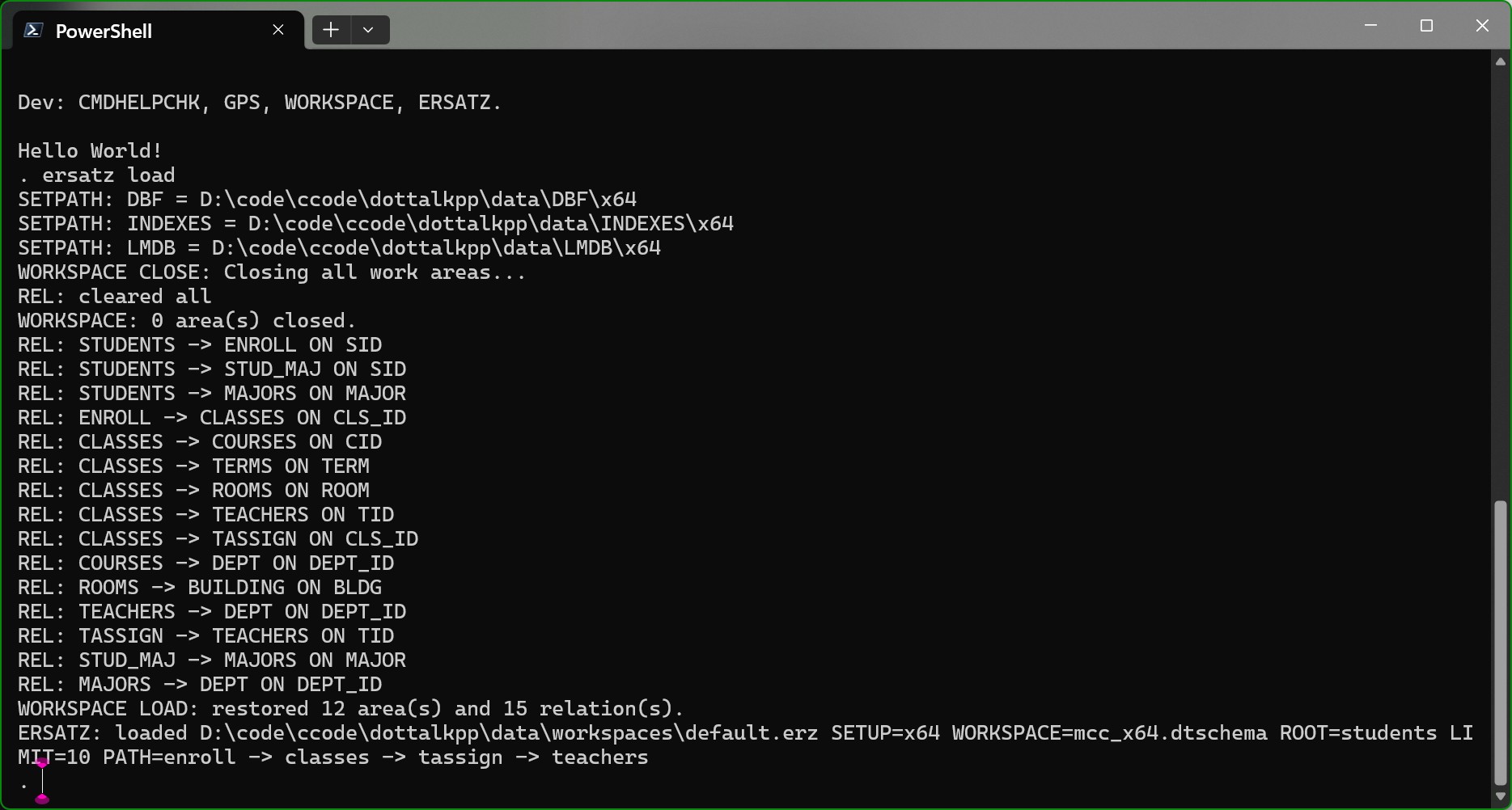 DotTalk++ CLI workspace load showing ERSATZ, SETPATH, REL lines, and 12 areas with 15 relations restored