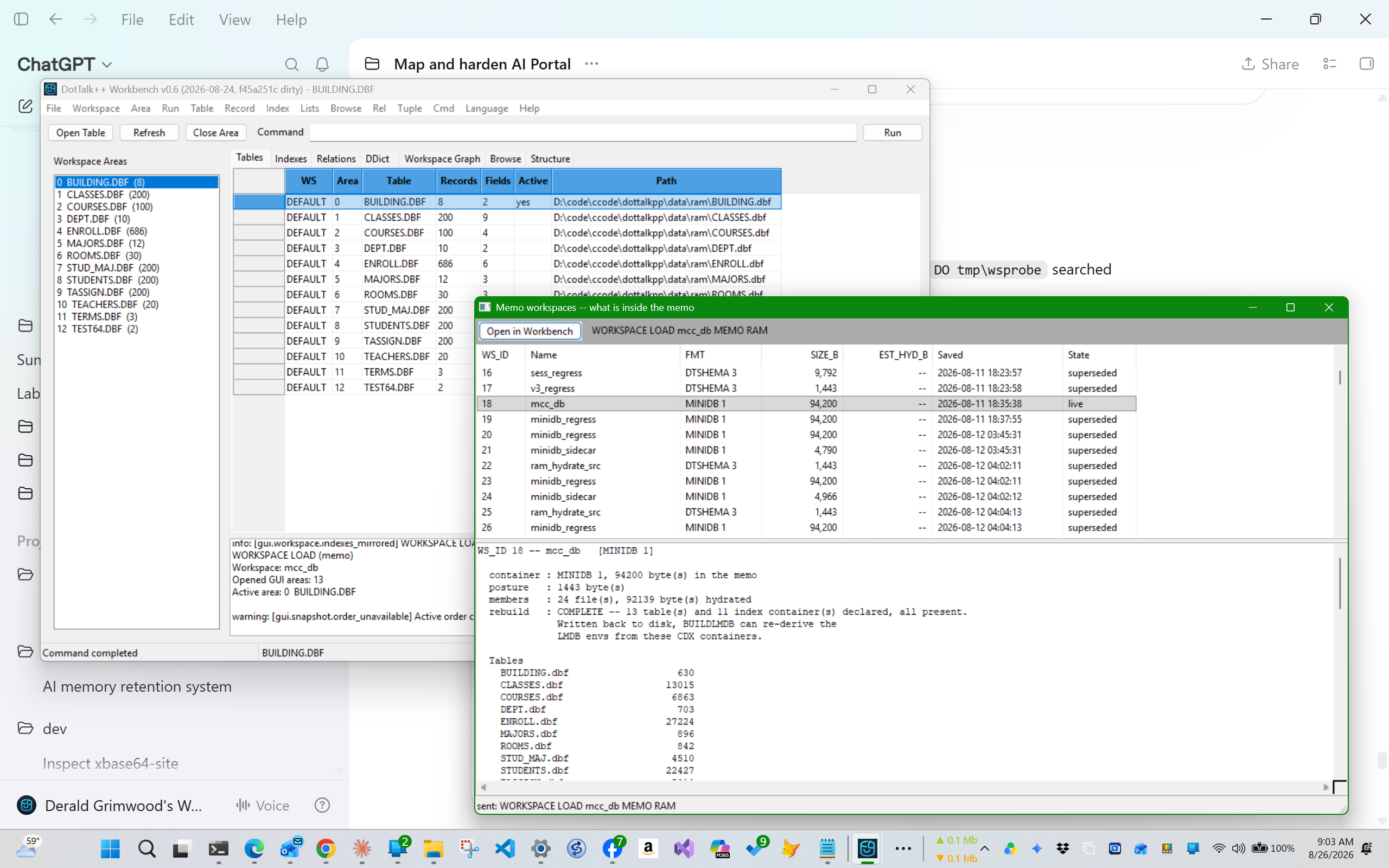 Alpha Workbench evidence inspecting a MINIDB 1 memo and reporting a complete rebuild of 13 tables and 11 index containers