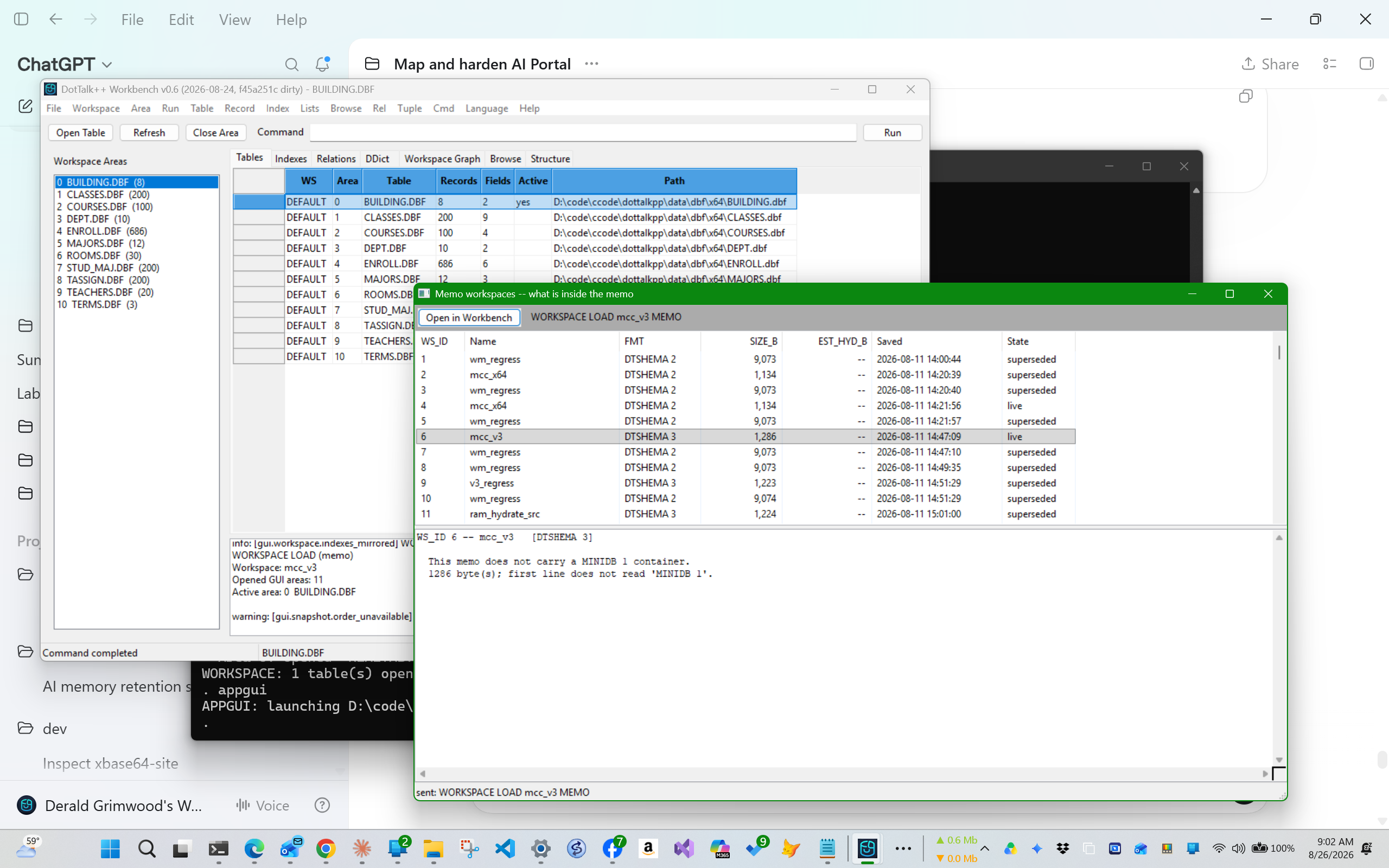 Alpha Workbench evidence showing a selected DTSHEMA 3 posture-only memo that correctly reports no MINIDB 1 container