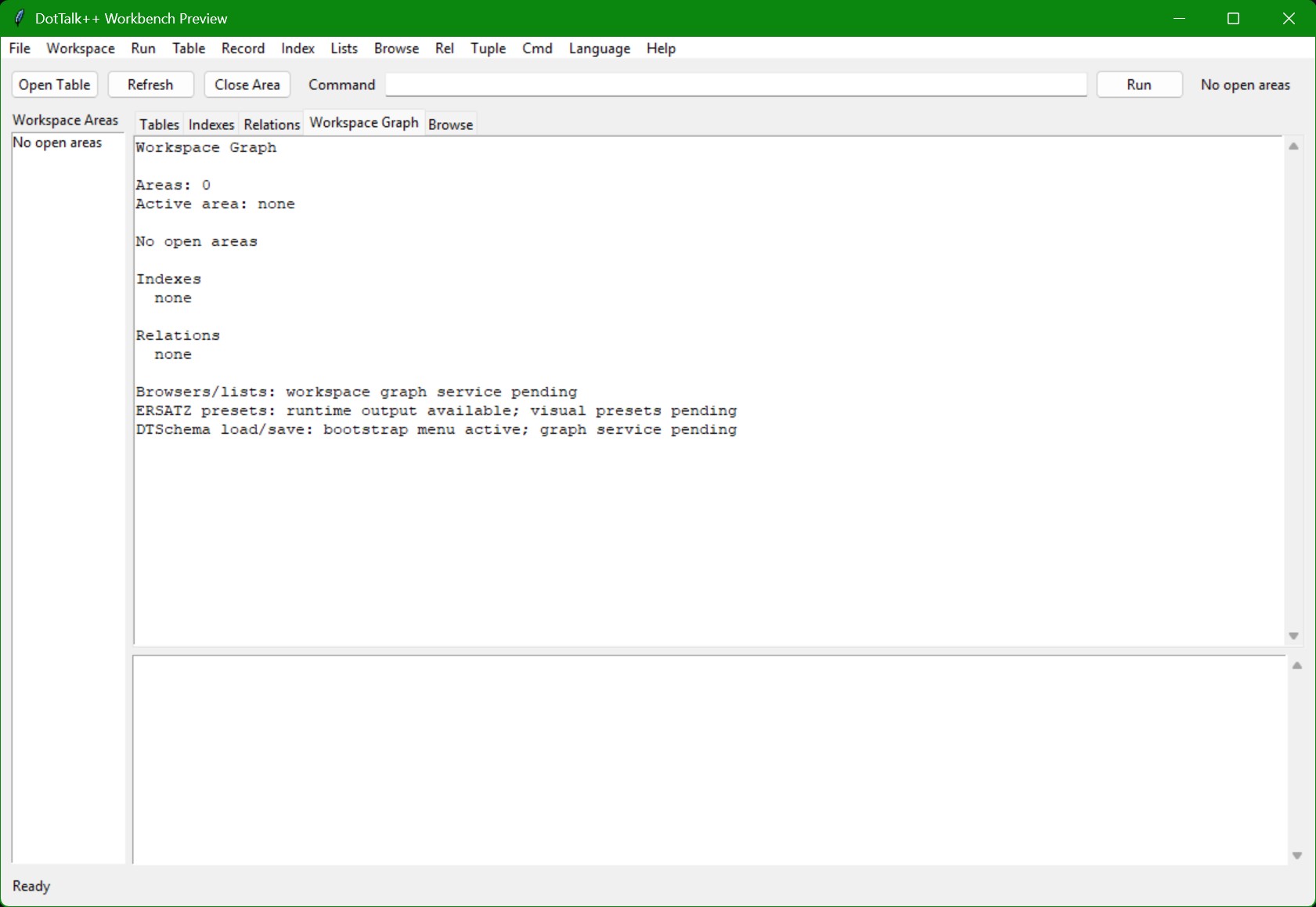 DotTalk++ Workbench Preview showing empty workspace graph and bootstrap service notes
