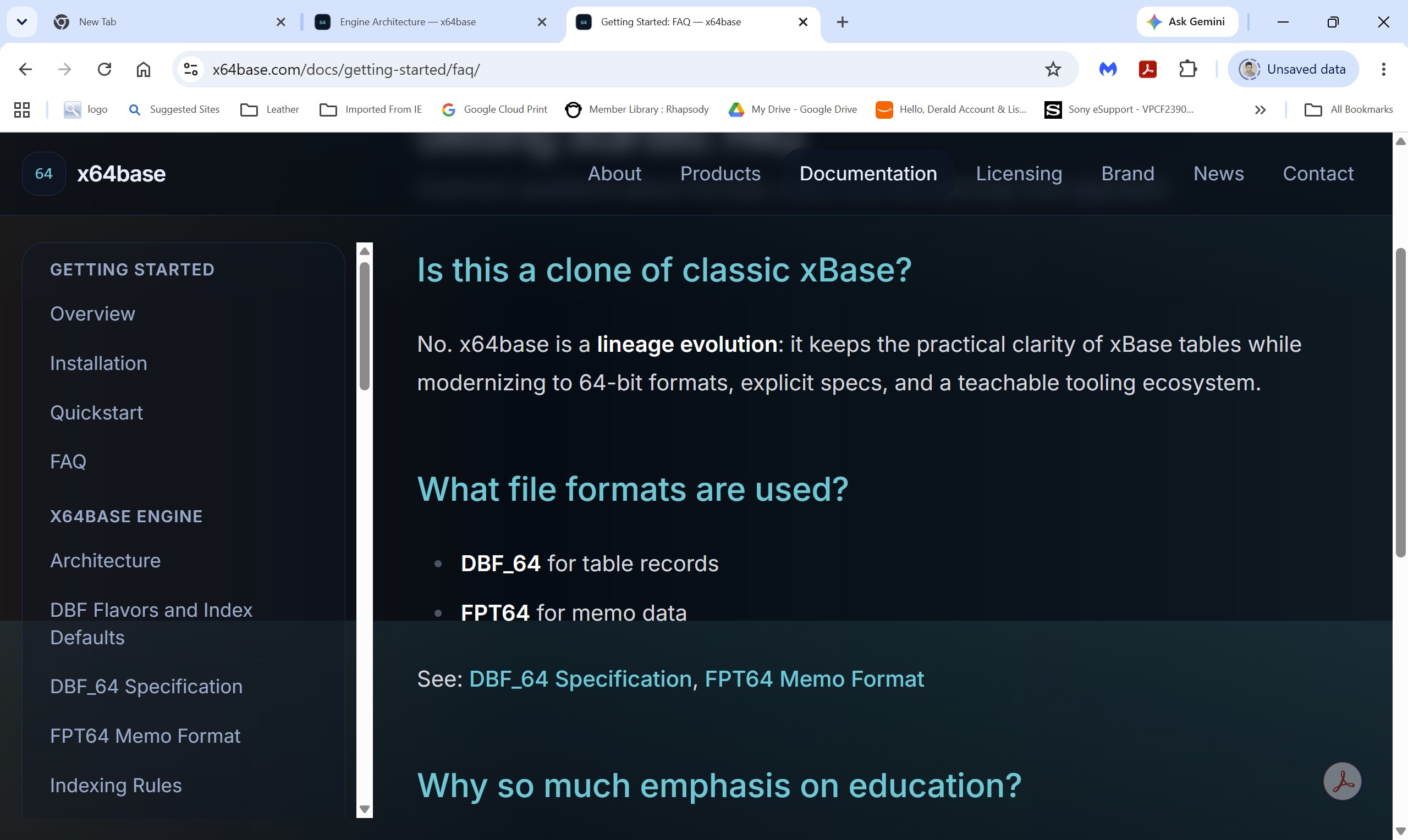 x64base website FAQ page showing live documentation navigation and DBF format links