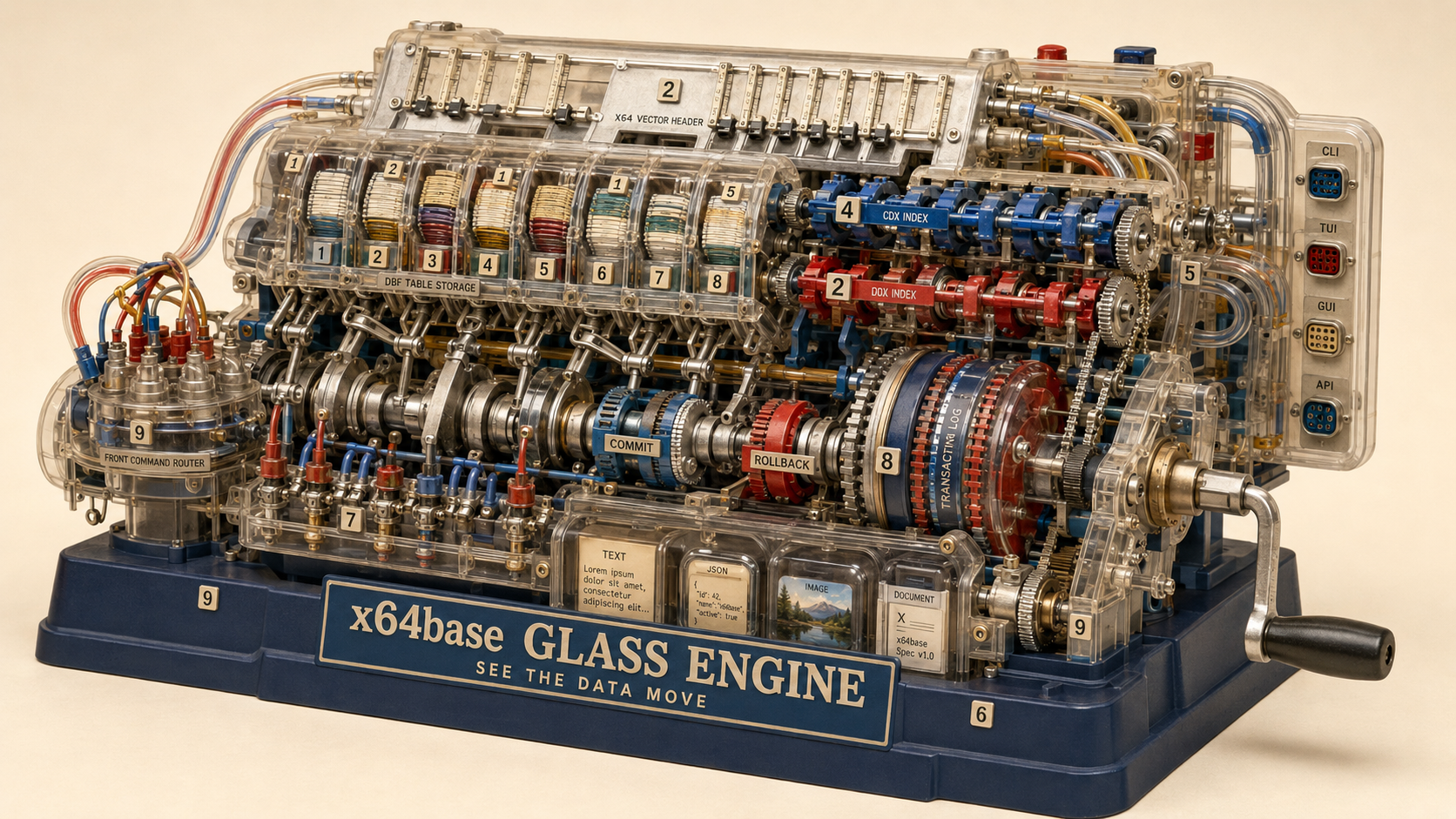 x64base Glass Engine The x64base Glass Engine cutaway: DBF work areas, record pointers, a vector header, CDX and LMDB-backed index lanes, commit, rollback, transaction log, command router, and CLI, TUI, GUI, and API ports